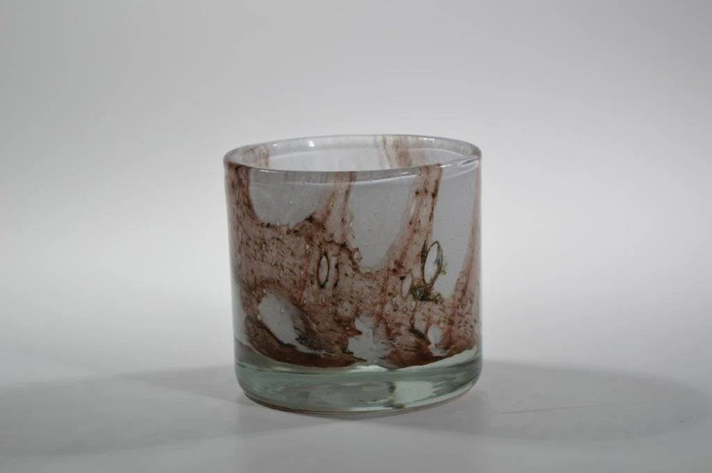 Ljuslykta UNIK Cylinder, Vit/Beige m Bruna linjer, Handgjord - Milton Home hos Lilla Hem