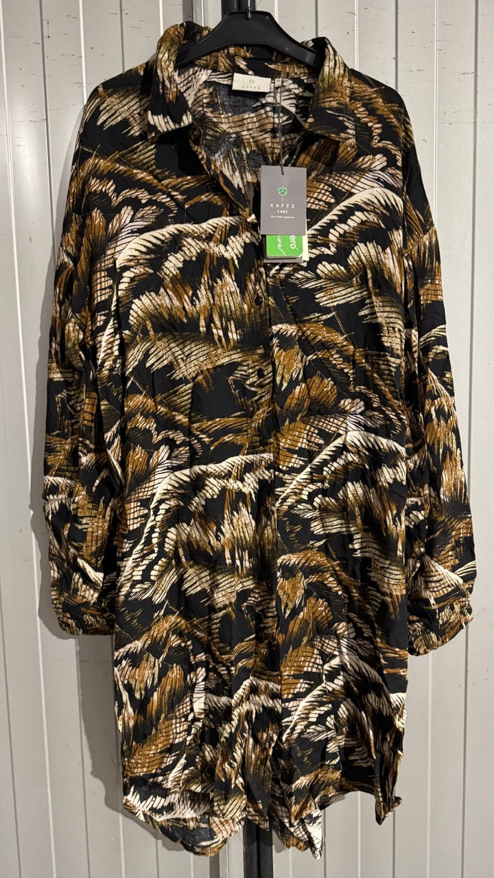 KAlena Shirt Dress 42 Brown Tones Big Leaf Print - KAFFE hos Lilla Hem