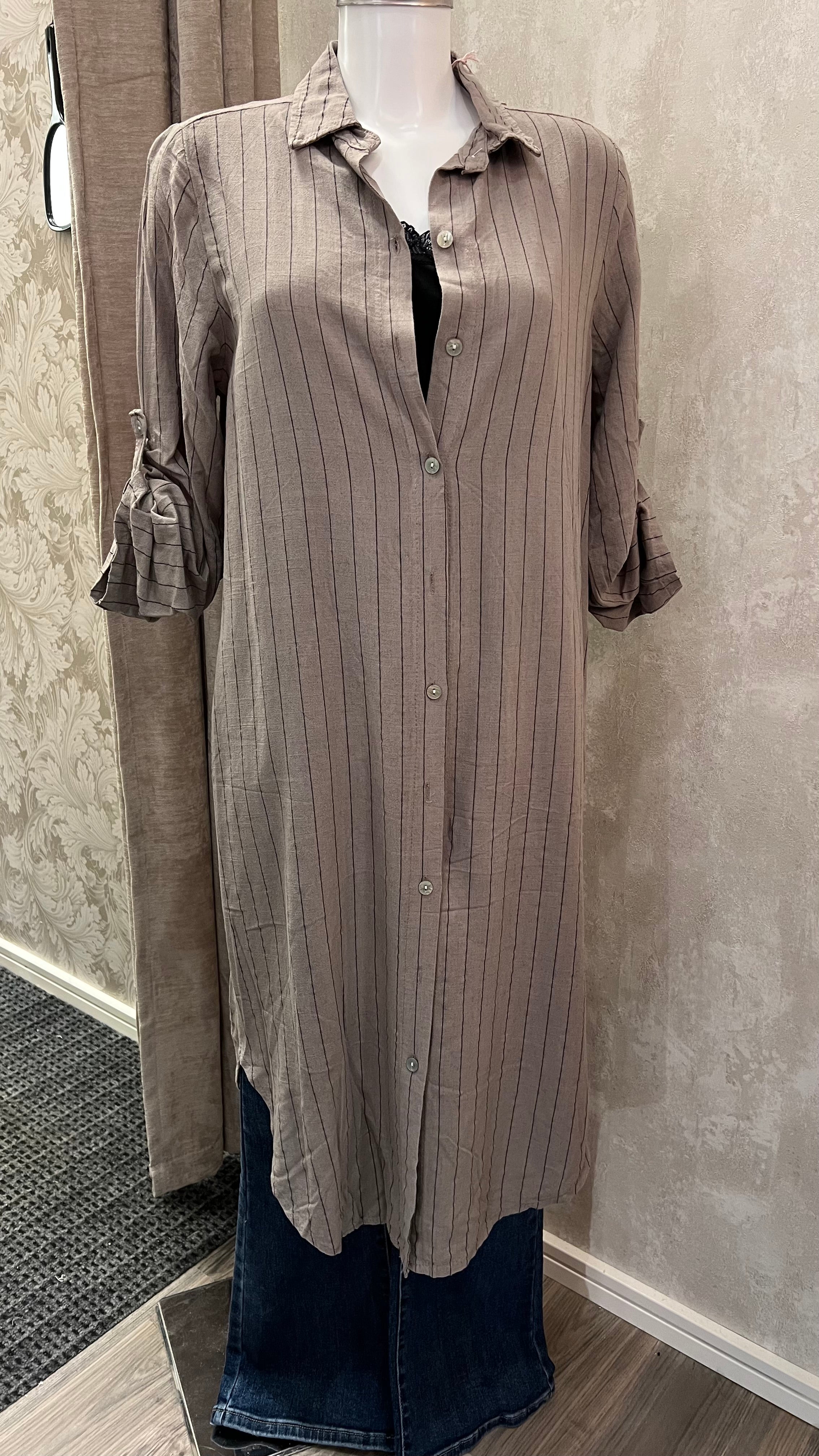 Skjortklänning Linne Taupe Stripe - Caramelle Fashion | Lilla Hem
