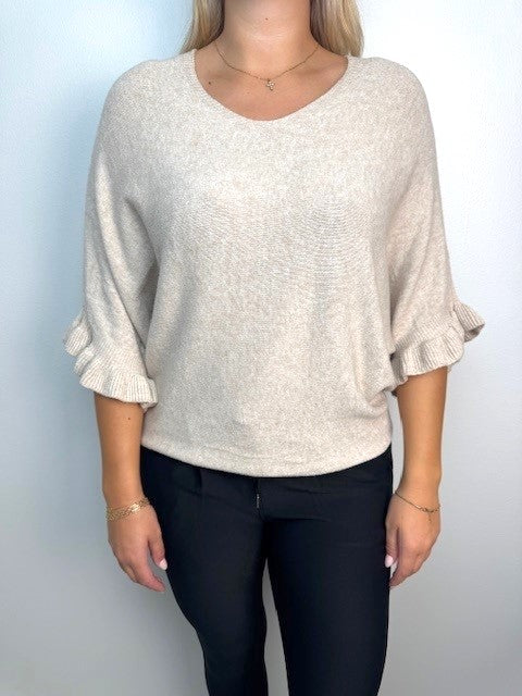 Stickad Topp 3/4 Ärm med Volang V-Neck Black - Caramelle Fashion | Lilla Hem