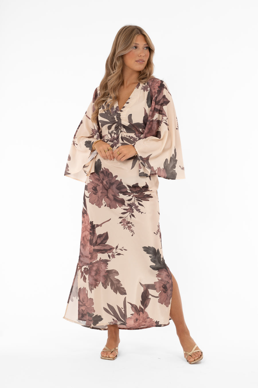 Meadow Dress Flower Maxi Champagne, Rosa, Grön - Capri Collection | Lilla Hem