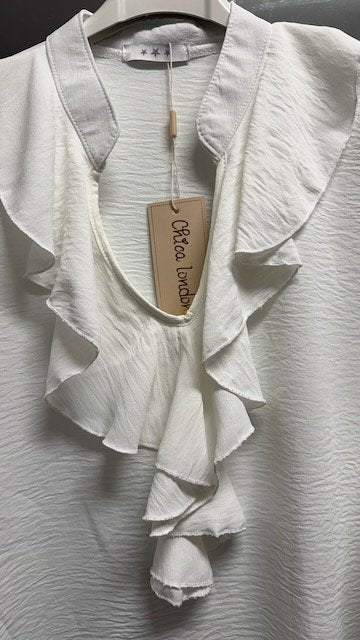 Tunika med Volang och V-Ringad Hals i White från Caramelle Fashion - baksida | Lilla Hem