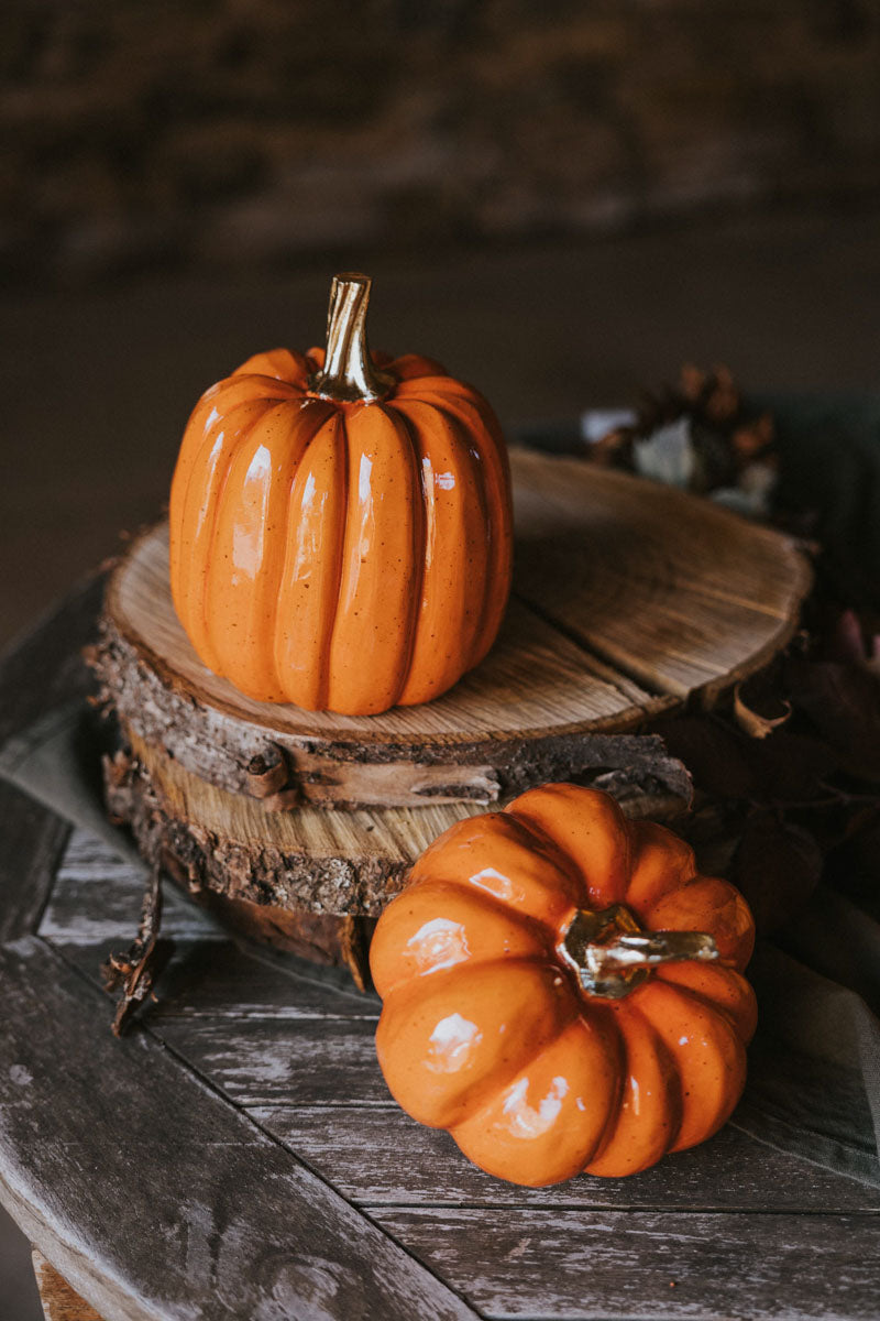 Glansiga orangea pumpor arrangerade på trästammar mot mörk bakgrund | A Lot Decoration | Lilla Hem