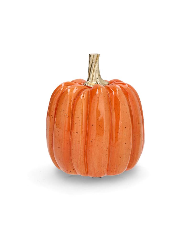 Glansig orange pumpa med vertikala ribbor och naturlig stjälk mot vit bakgrund | A Lot Decoration | Lilla Hem