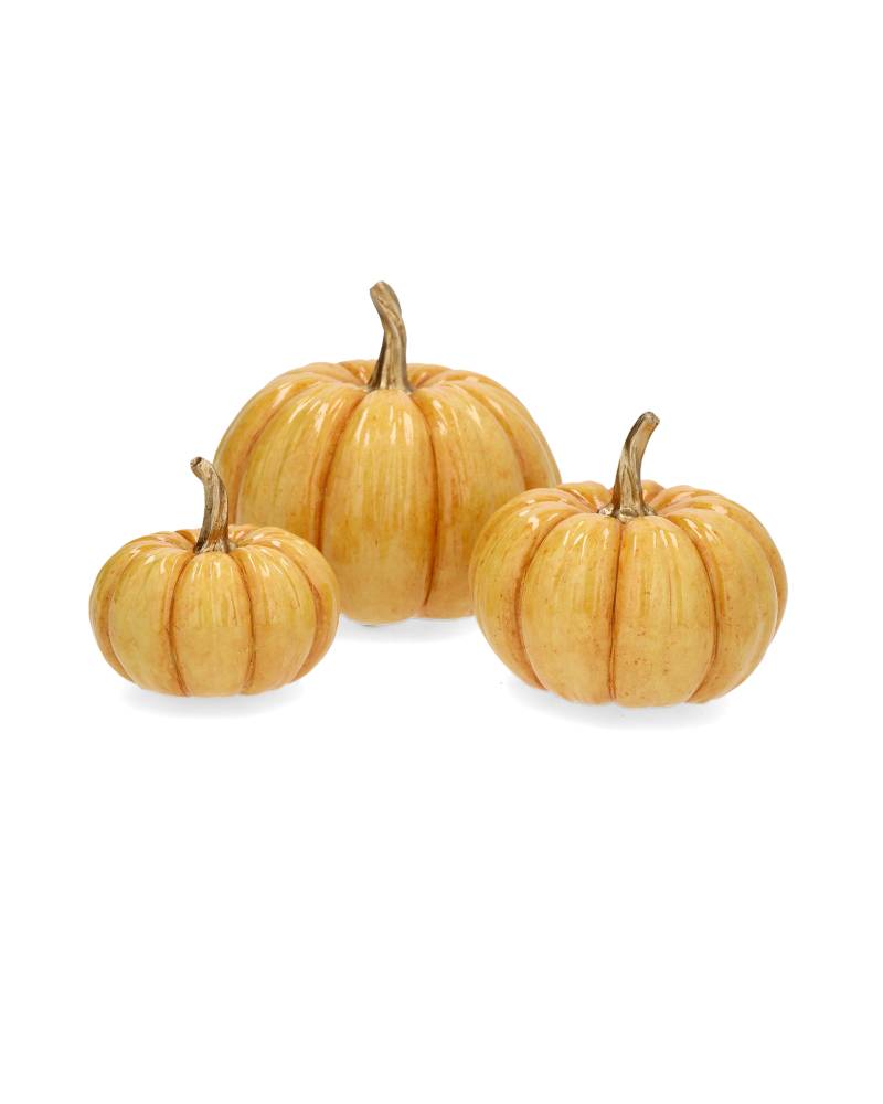 Tre gula dekorativa pumpor i olika storlekar med glansig finish mot vit bakgrund | A Lot Decoration | Lilla Hem