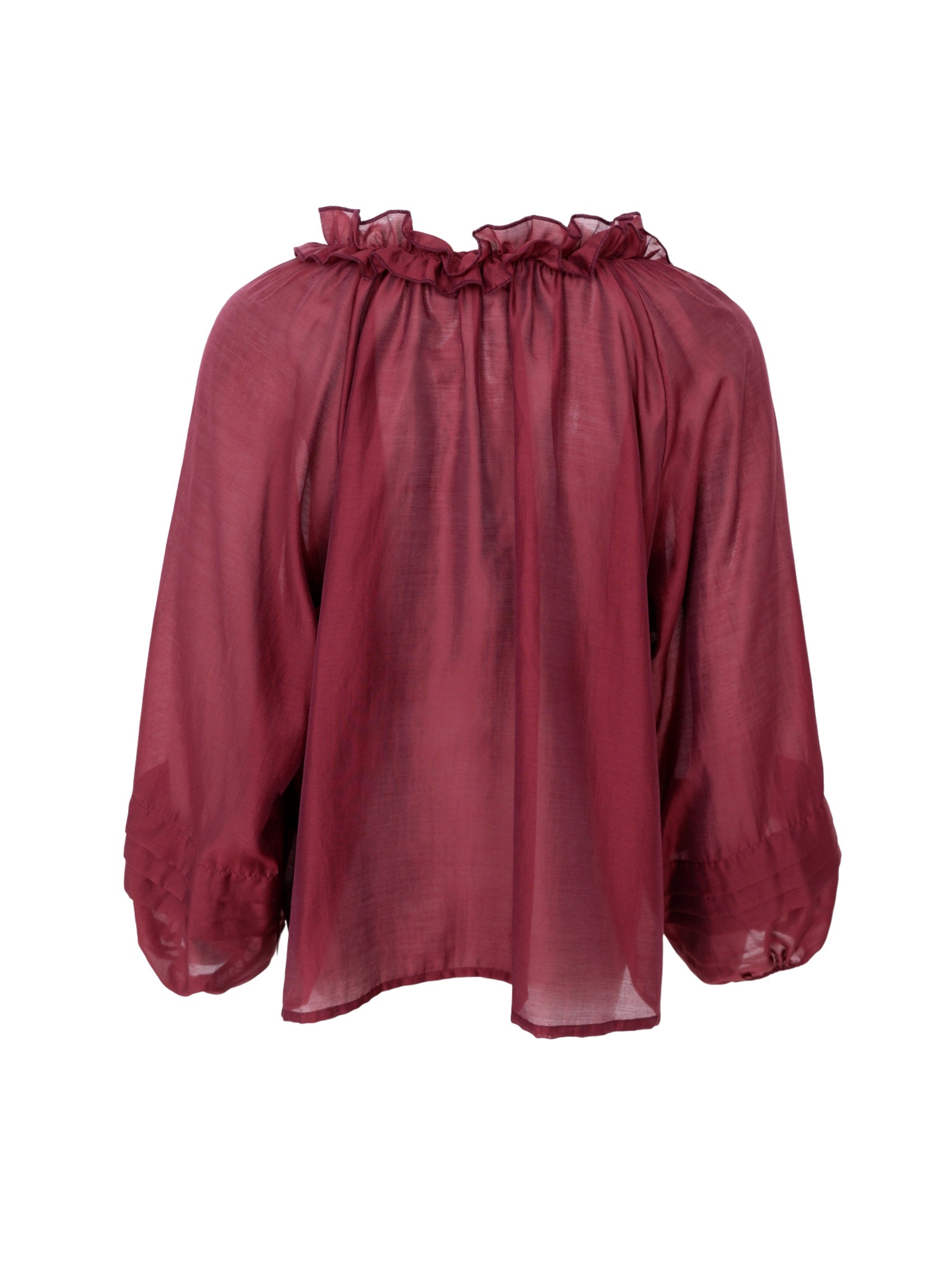 Burgundy blus med volangkrage och puffärmar, visad platt mot vit bakgrund | Black Colour | Lilla Hem
