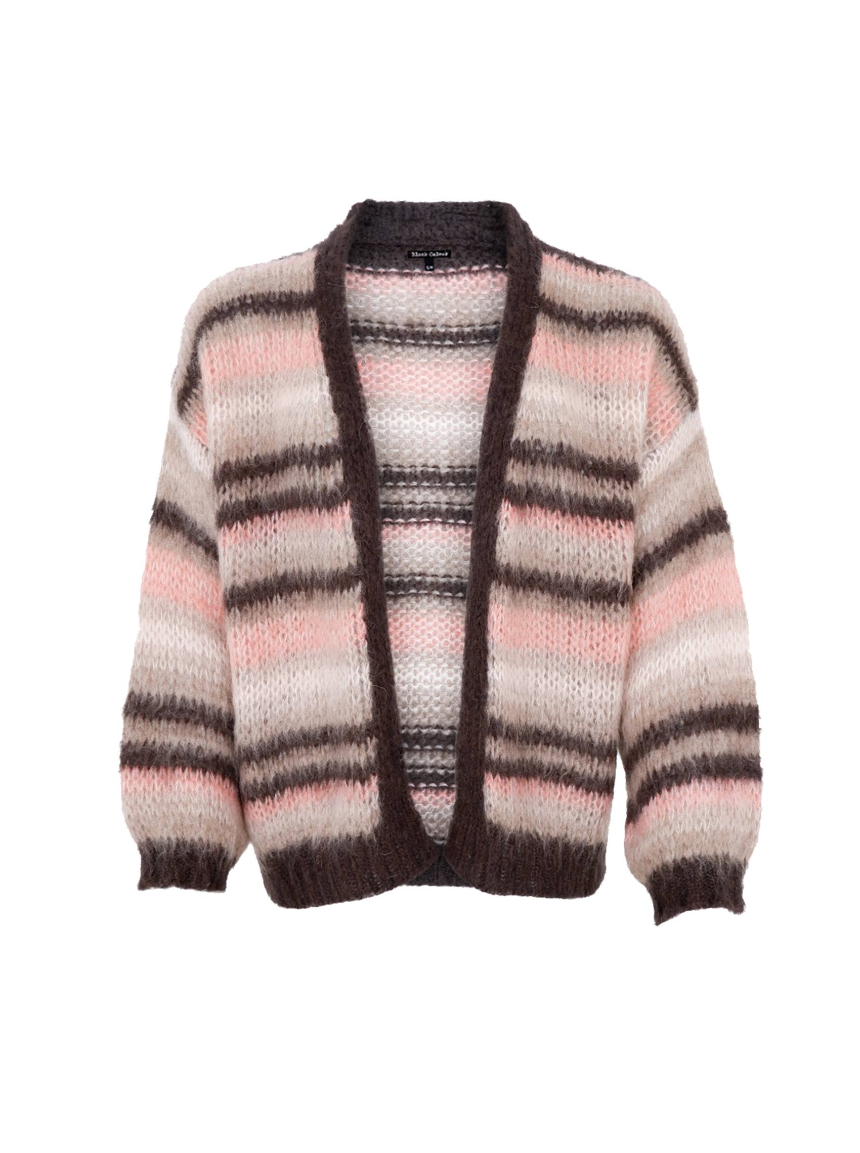 Stickad cardigan i horisontella ränder med rosa, beige och mörkbrunt, fotograferad framifrån mot vit bakgrund | Black Colour | Lilla Hem