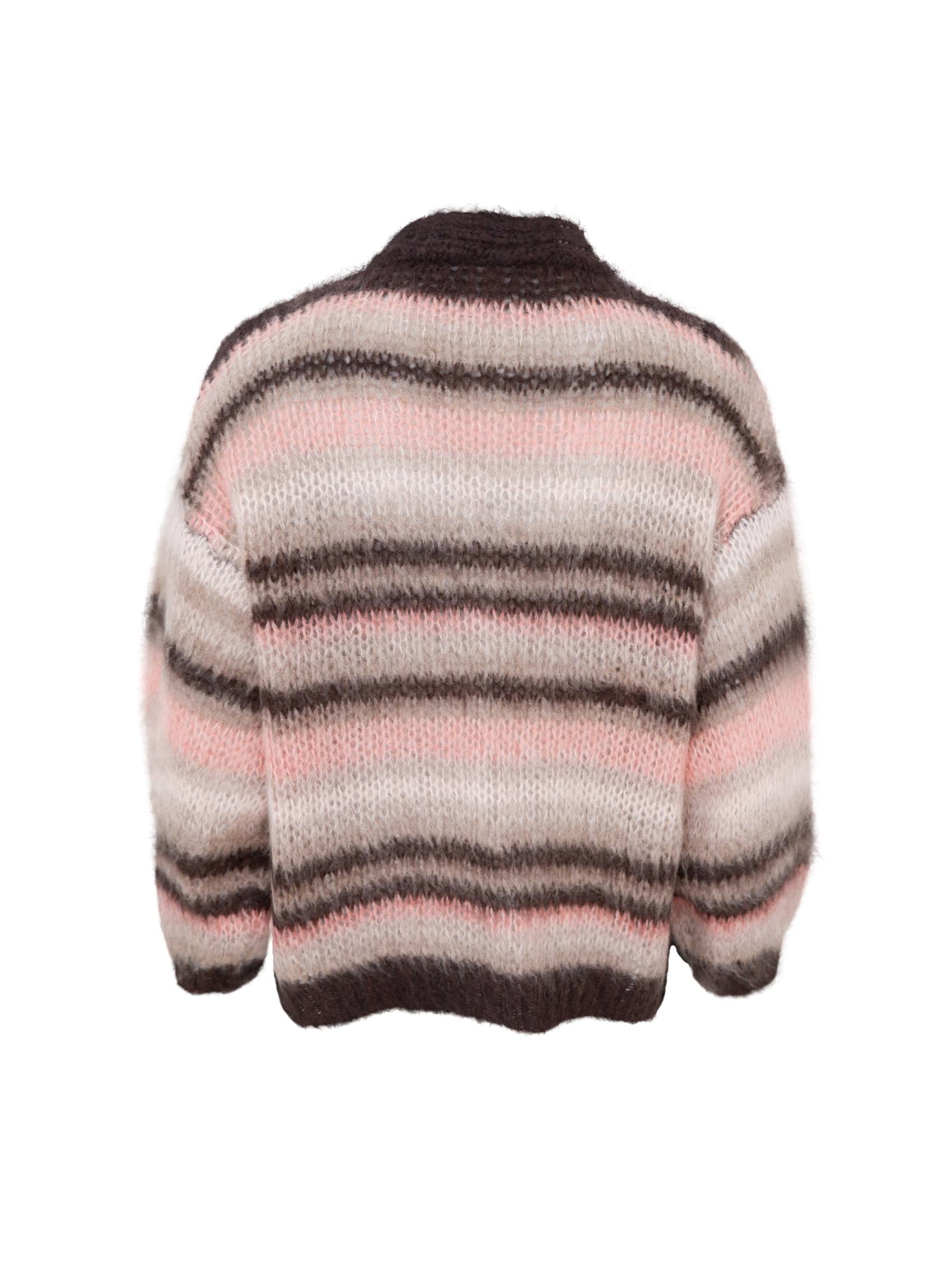 Stickad cardigan med horisontella ränder i rosa, beige och mörkbrunt, fotograferad bakifrån mot vit bakgrund | Black Colour | Lilla Hem