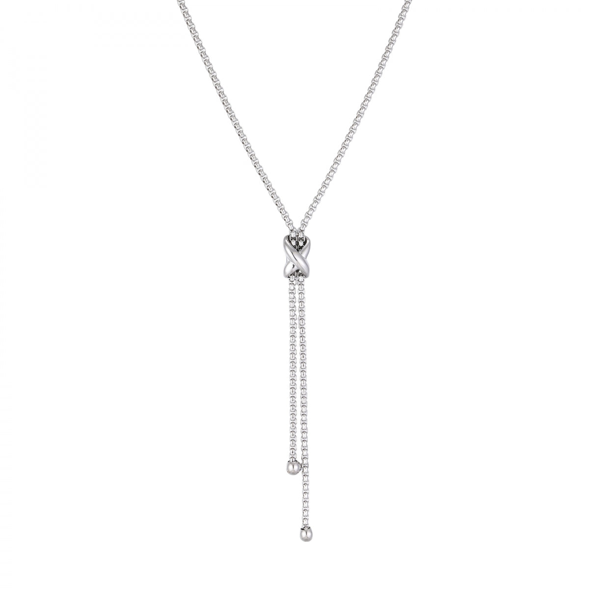Silverhalsband med vridna detaljer och två hängande kedjor med pärlor, fotograferat framifrån mot vit bakgrund | Bud To Rose | Lilla Hem