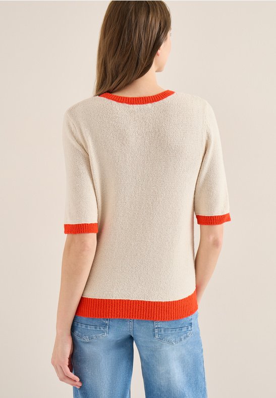 Stickad Tröja Ssummer Bouclé Short Sleeve i Cherry Tomato Orange från Cecil - baksida | Lilla Hem