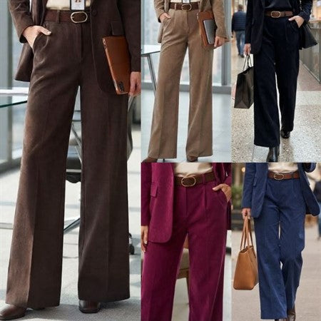 Modeller visar byxorna i sex olika färger: brun, beige, svart, vinröd och marinblå | Caramelle Fashion | Lilla Hem