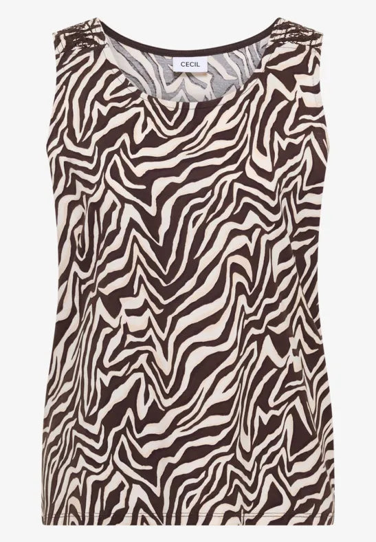 Sleeveless topp med zebramönster i brunt och beige, fotograferad framifrån mot vit bakgrund | Cecil | Lilla Hem