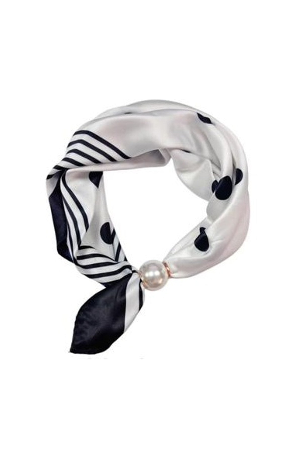 Scarf i vit och svart med randmönster och pärldetalj, visat från sidan mot vit bakgrund | BEST ANGEL | Lilla Hem