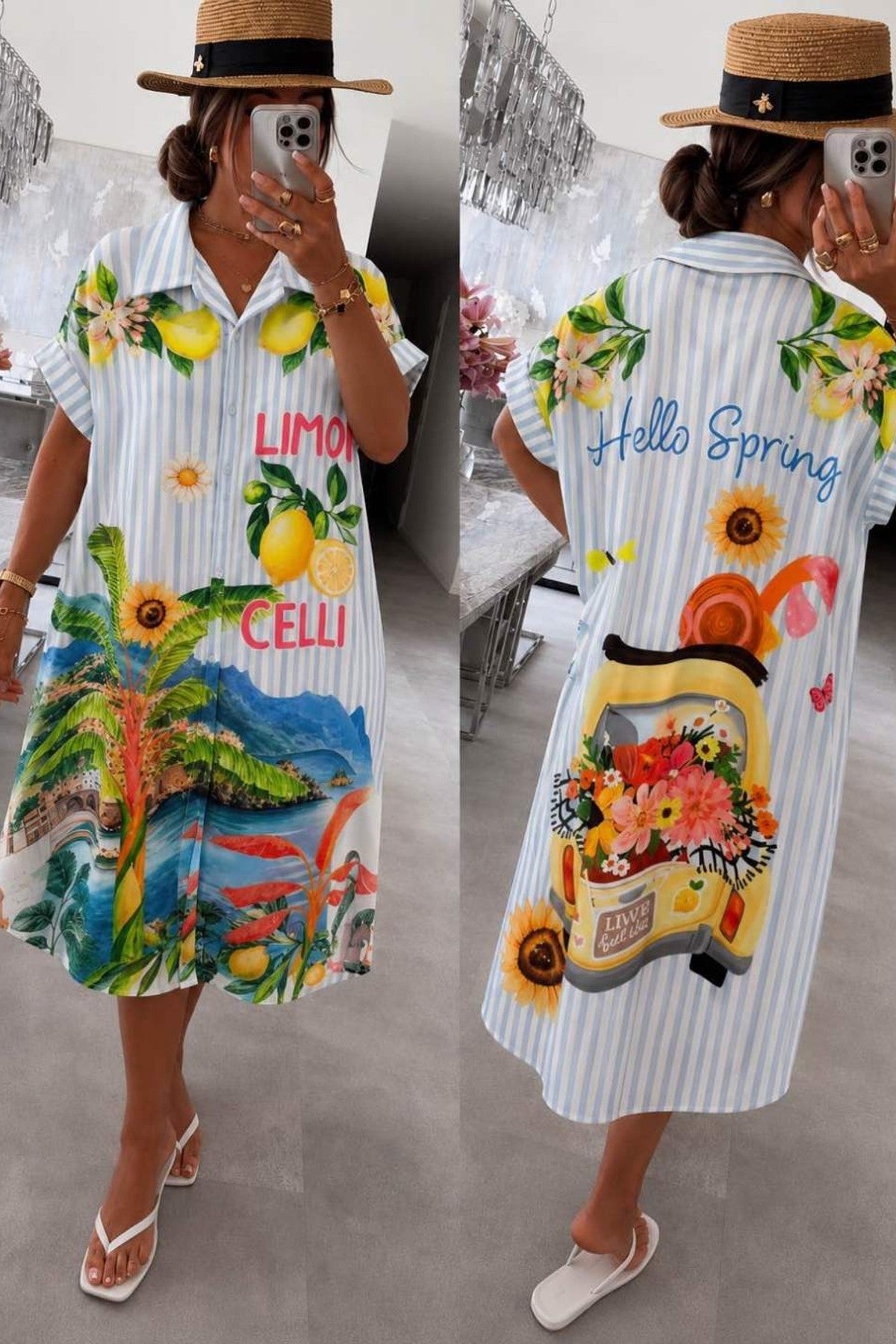 Modell visar långskjorta framifrån och bakifrån med citron- och blomstermotiv på randad vit botten | ISSYMA | Lilla Hem