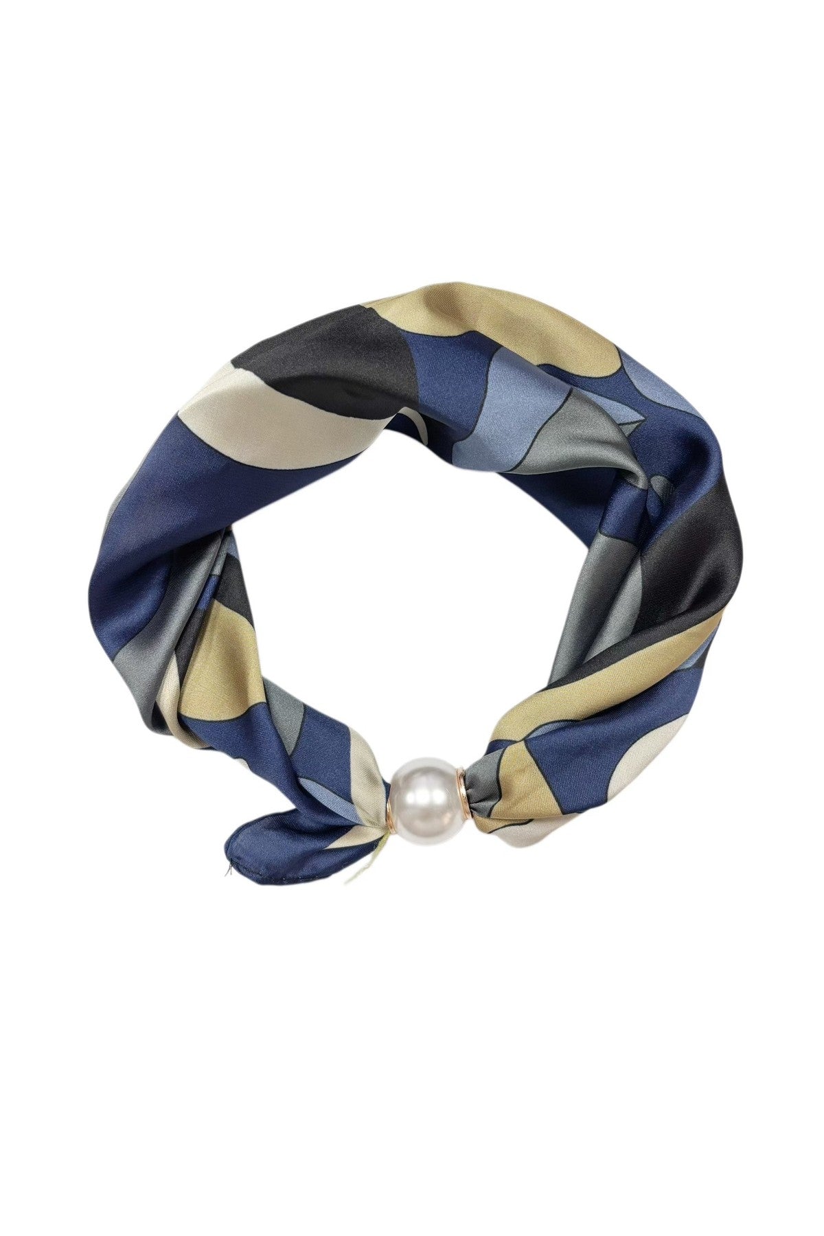 Scarf i marinblått, grått, beige och svart med geometriska block, dekorerad med pärla | BEST ANGEL | Lilla Hem