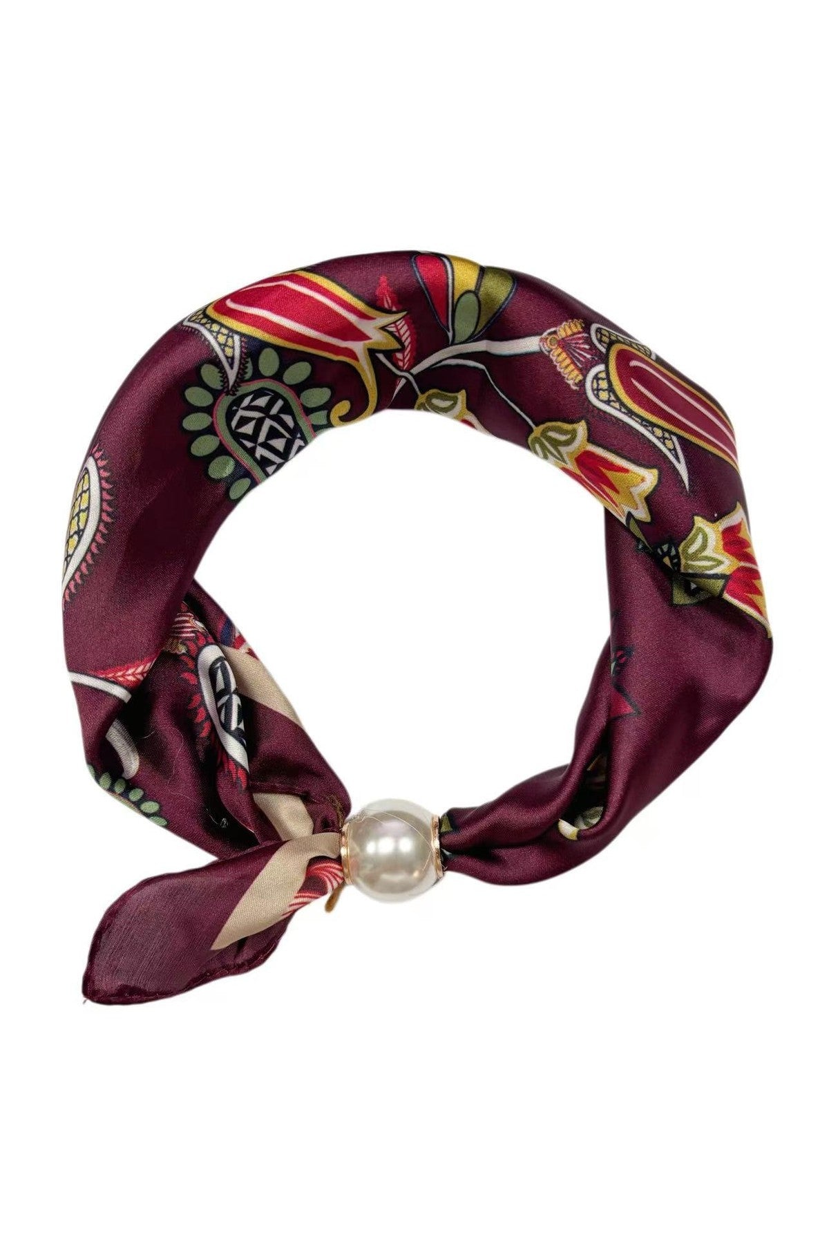 Burgundy scarf med orientaliskt tryck i röd, gul och grön, sammanfäst med pärlkula | BEST ANGEL | Lilla Hem