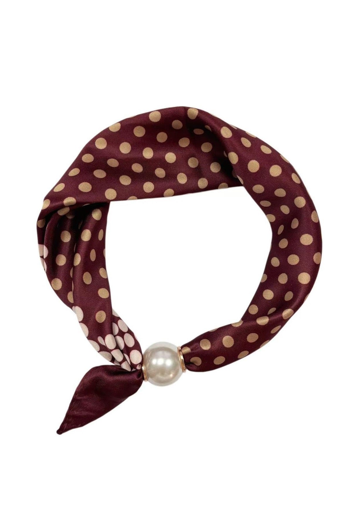 Burgundy scarf med beige prickar, knuten med pärldetalj mot vit bakgrund | BEST ANGEL | Lilla Hem