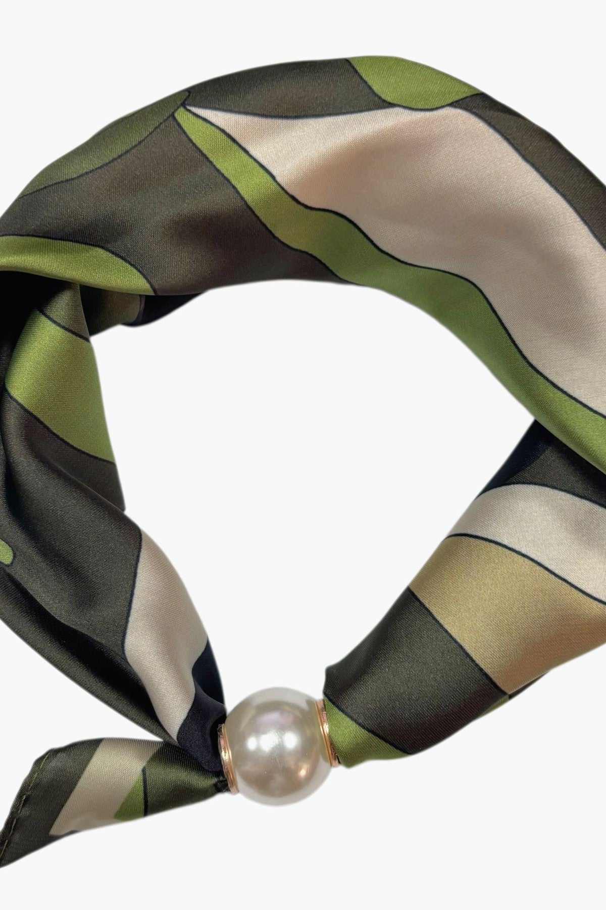 Scarf i kaki, grön och beige med randmönster, avslutad med pärla och metallring | BEST ANGEL | Lilla Hem