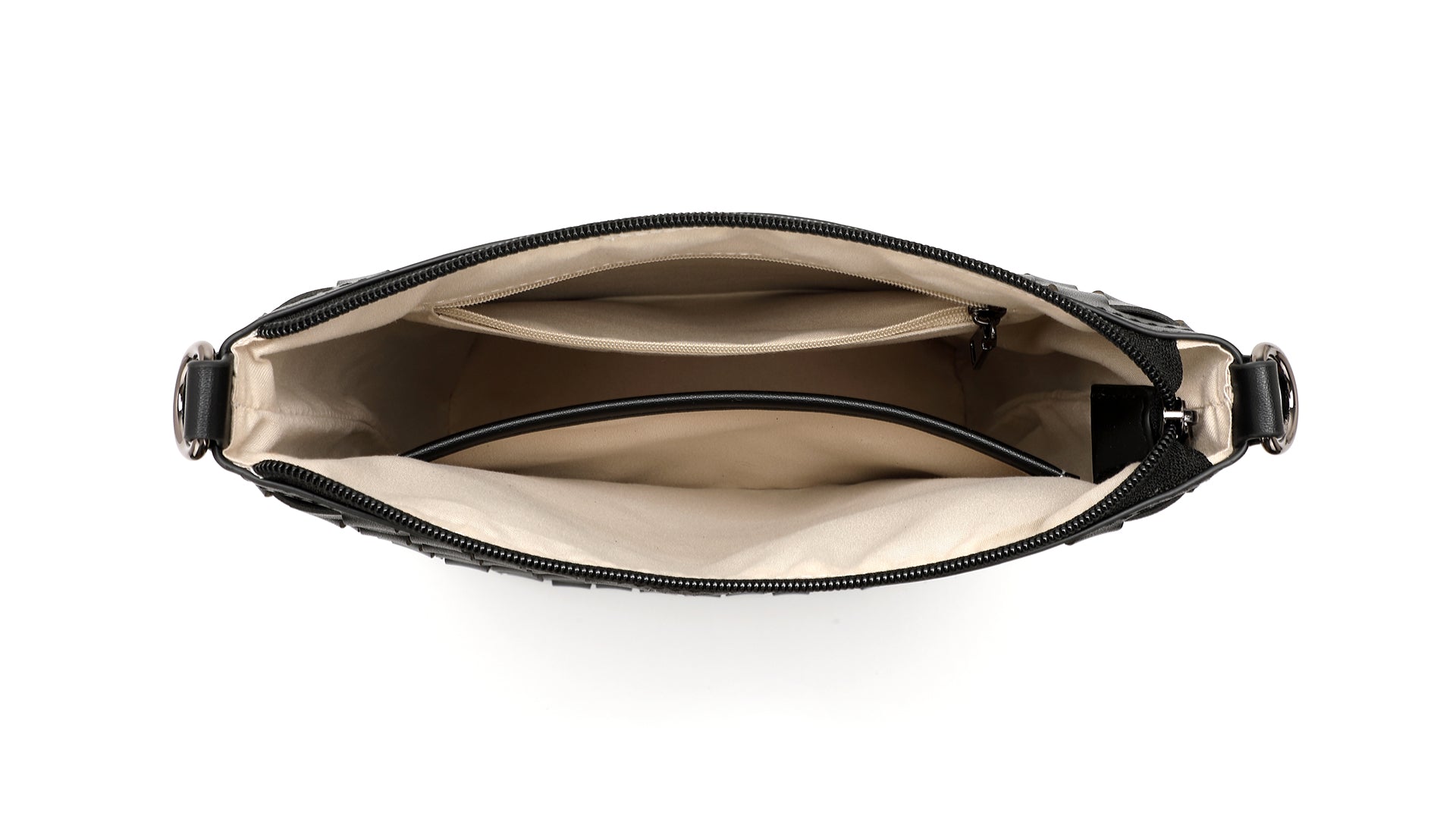 Öppen väska sett framifrån visar beige foder och inre fack med dragkedja | Joe Mac | Lilla Hem