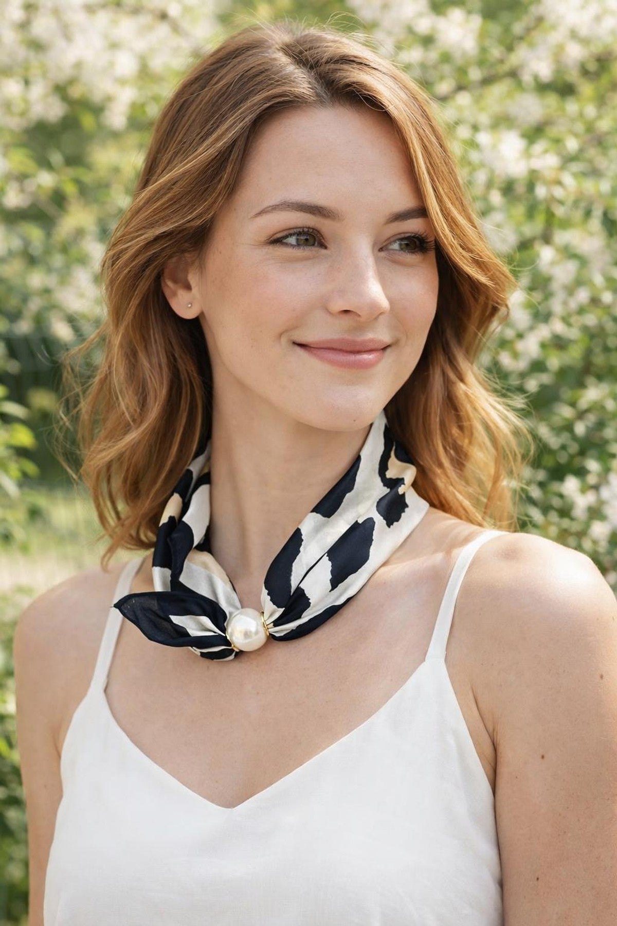 Modell bär svart-vit scarf med pärldetalj omkring halsen, sett framifrån | BEST ANGEL | Lilla Hem