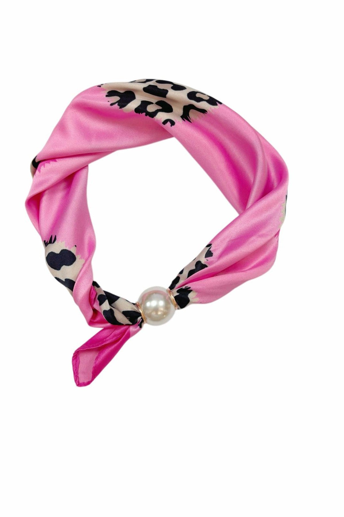 Scarf i rosa med leopardmönster i svart och beige, sammanknuten med pärldetalj | BEST ANGEL | Lilla Hem