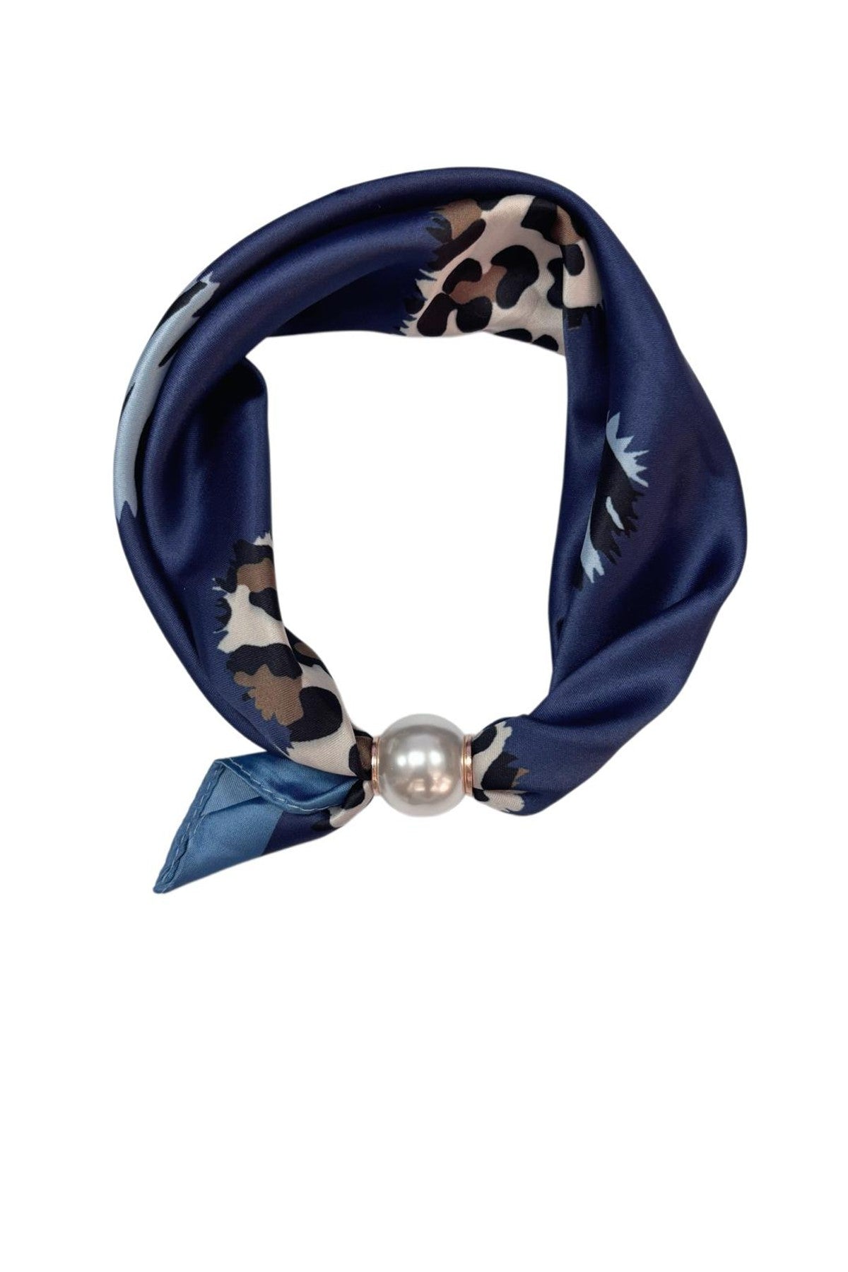 Marinblå scarf med leopardmönster och pärla-detalj, visat upprullad mot vit bakgrund | BEST ANGEL | Lilla Hem