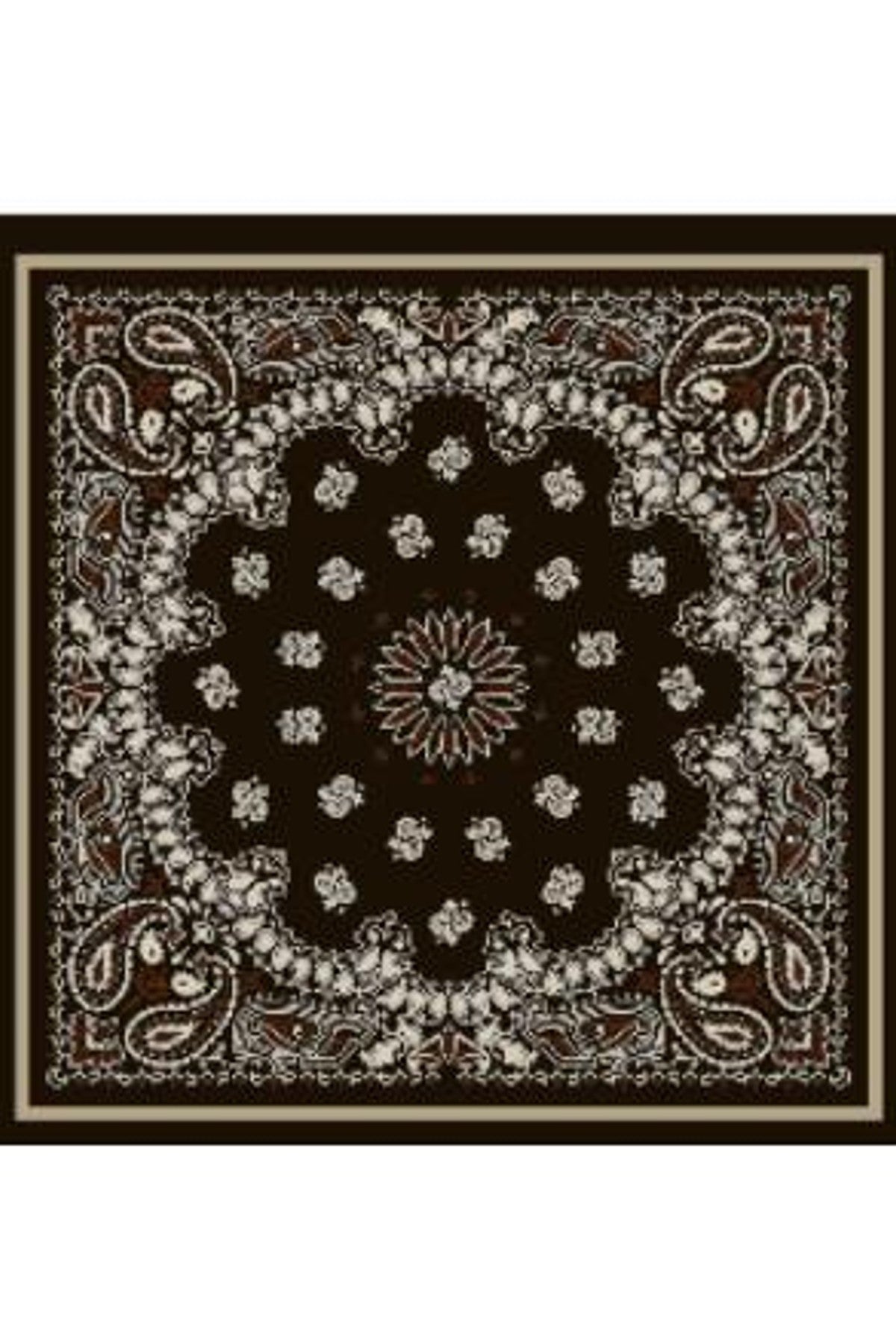 Kvadratisk scarf med svart botten, vita blommor och ornamentalt paisley-mönster i kanten | BEST ANGEL | Lilla Hem
