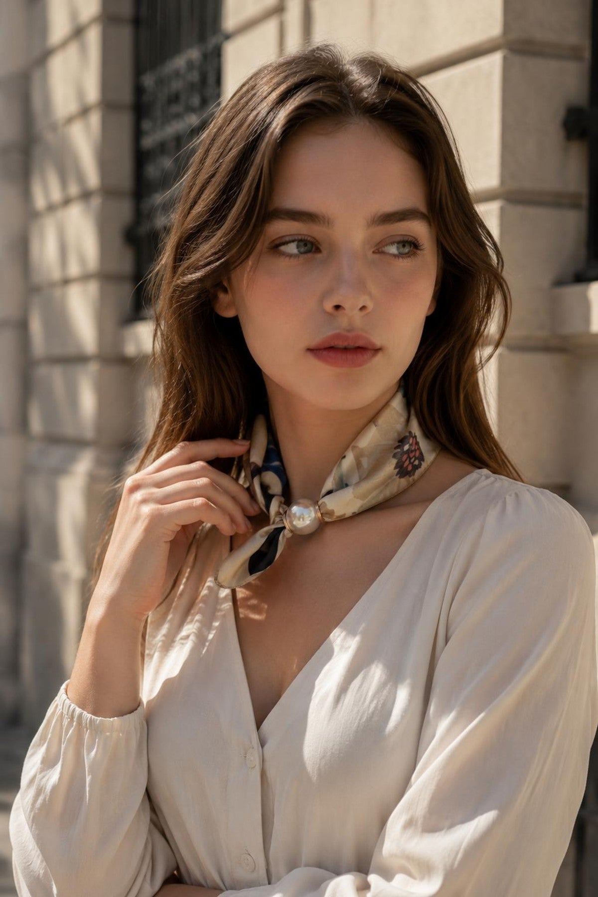 Modell bär beige scarf med mönster knuten runt halsen, sett framifrån mot stenbakgrund | BEST ANGEL | Lilla Hem