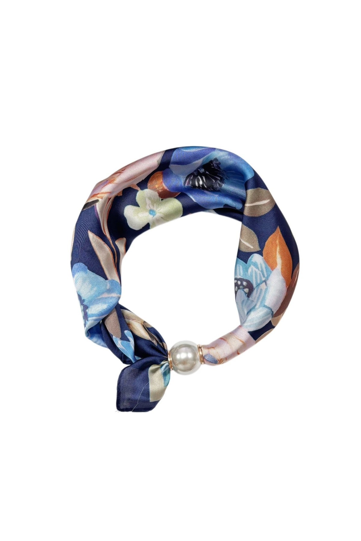 Scarf med blommigt mönster i blå, orange och beige toner, avslutad med pärldetalj | BEST ANGEL | Lilla Hem