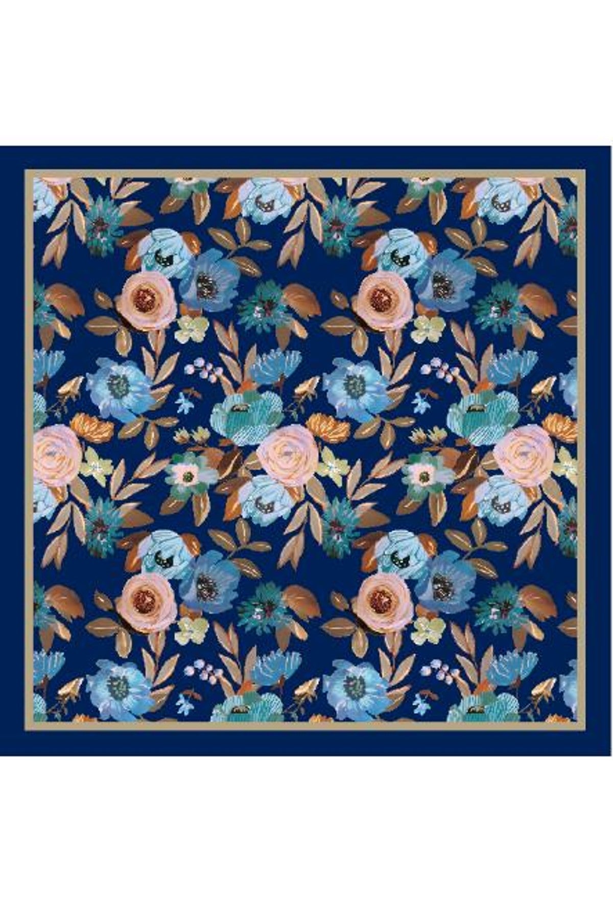 Kvadratisk scarf med blommigt mönster i blå, rosa och bruna toner på marinblå botten, sedd framifrån | BEST ANGEL | Lilla Hem