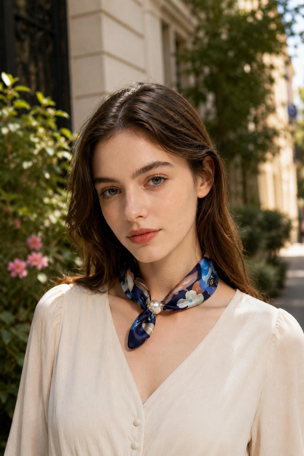 Modell bär blommig scarf i marinblått med pärldetalj knutet runt halsen över cremefärgad blus | BEST ANGEL | Lilla Hem