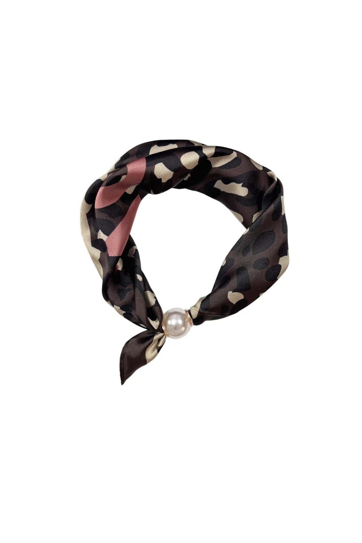 Scarf i svart med leopardmönster i beige och rosa, sammanknuten med pärla | BEST ANGEL | Lilla Hem