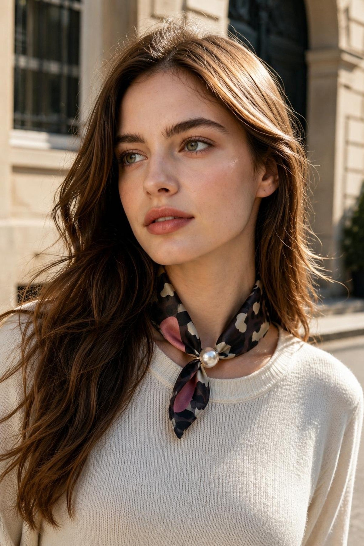 Modell bär beige ribbad tröja med blommig scarf knuten runt halsen och pärldetalj | BEST ANGEL | Lilla Hem