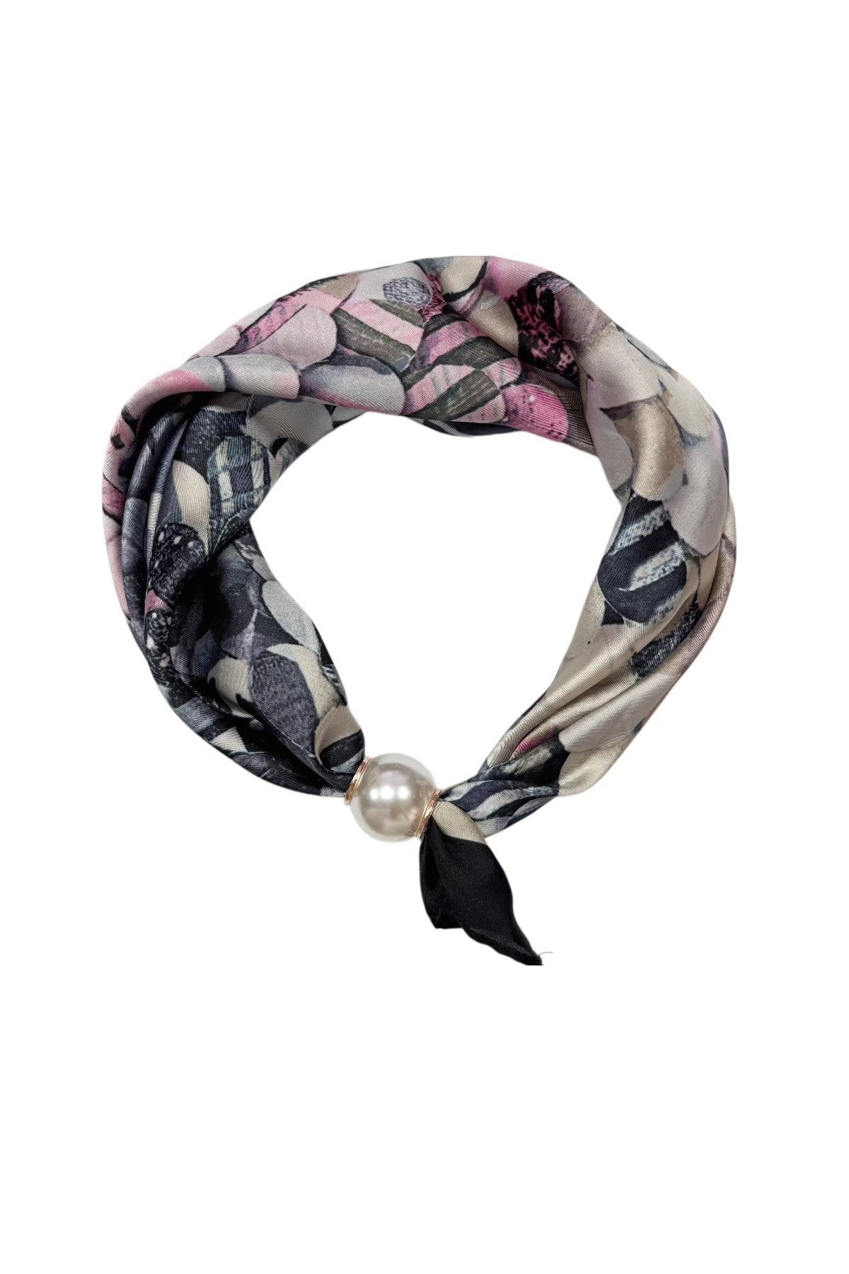 Scarf i blommigt mönster med rosa, svart och beige toner, sammanknuten med pärldetalj | BEST ANGEL | Lilla Hem