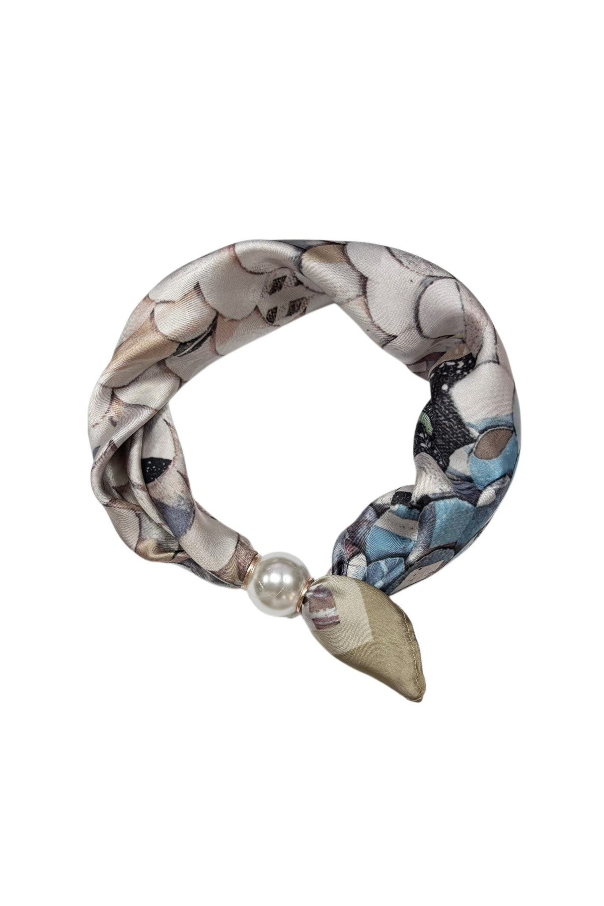 Scarf i cirkelform med blommigt tryck i taupe, svart och blått, dekorerad med pärlkula vid änden | BEST ANGEL | Lilla Hem