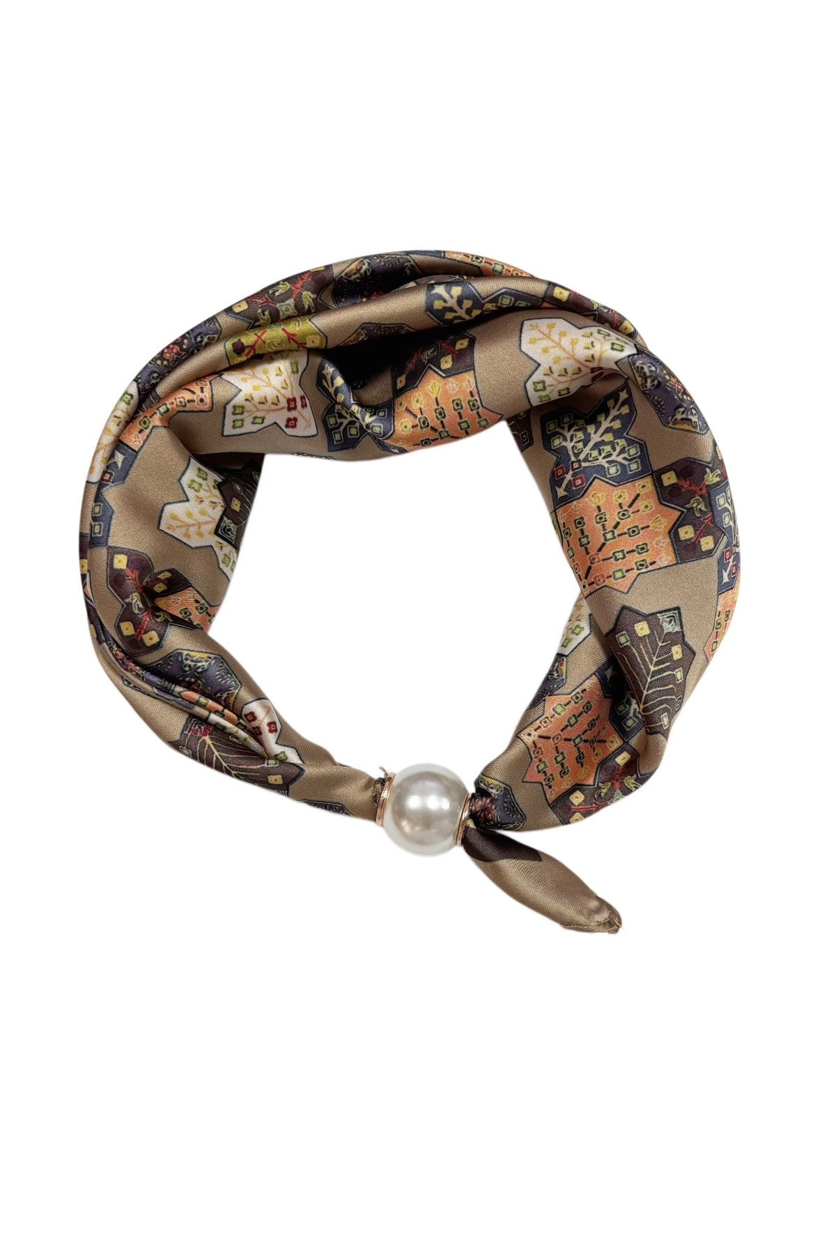 Scarf i beige med orientaliskt mönster, sammanknuten med vit pärlkula | BEST ANGEL | Lilla Hem
