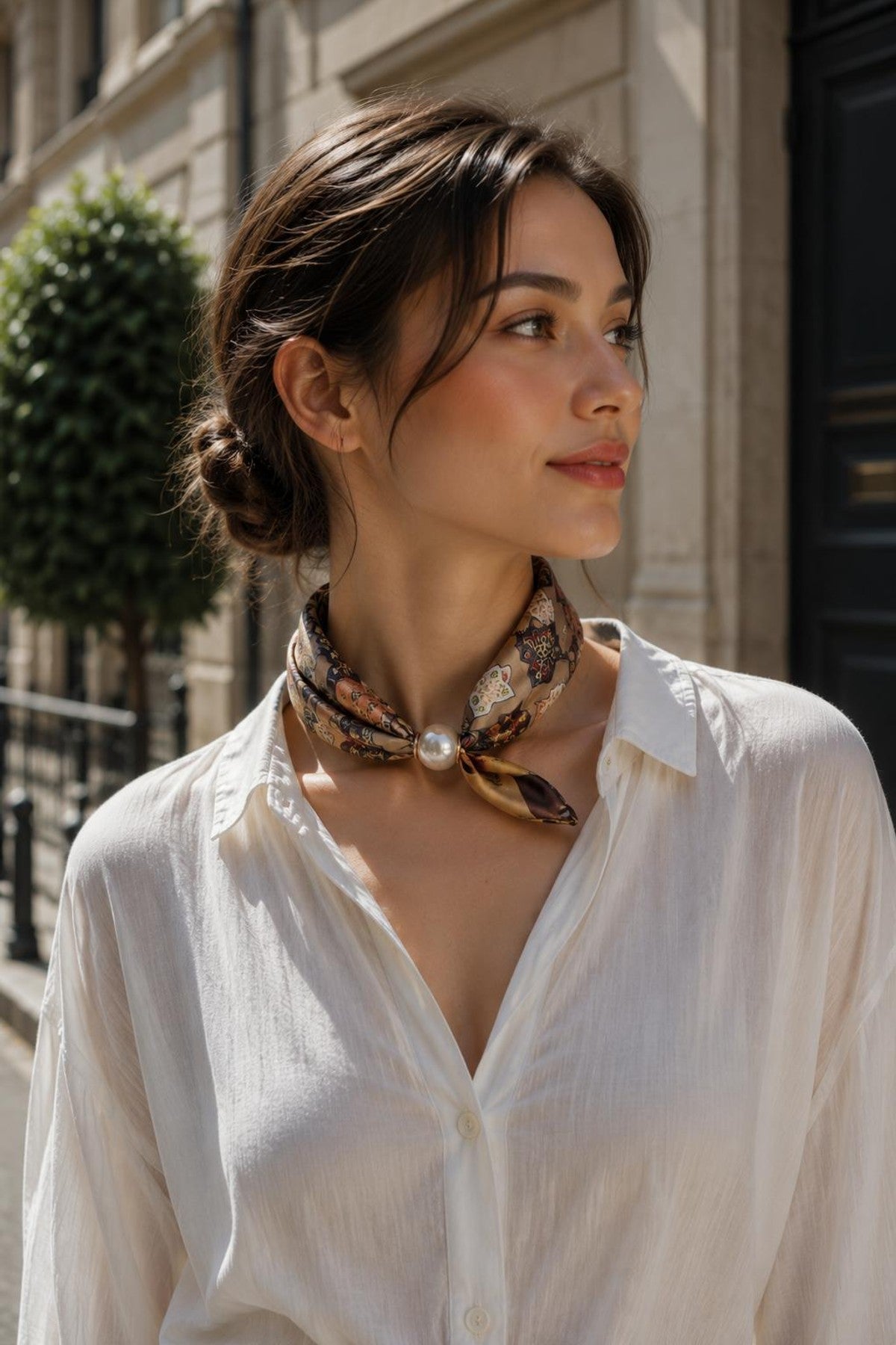 Modell bär beige skjorta med mönstrad scarf knuten runt halsen, sett från sidoprofil | BEST ANGEL | Lilla Hem