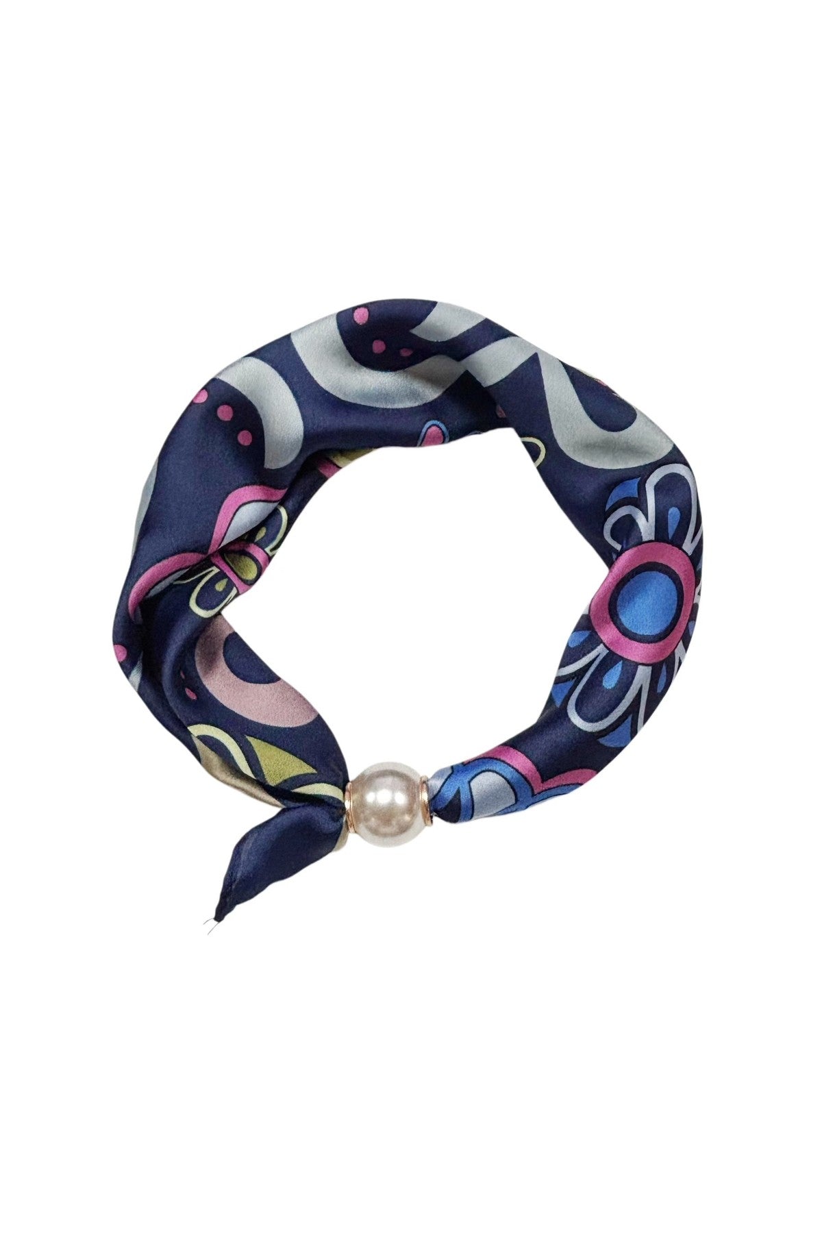 Scarf i marinblått med färgglatt blommönster och pärldetalj, vikt i ring mot vit bakgrund | BEST ANGEL | Lilla Hem