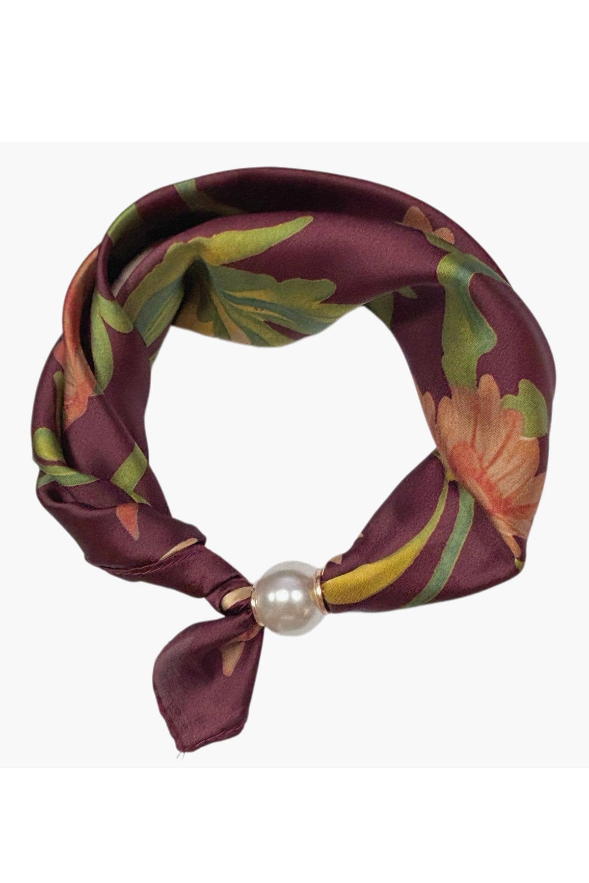 Scarf i bordeaux med blomtryck och pärla-detalj, fotograferad platt mot neutral bakgrund | BEST ANGEL | Lilla Hem