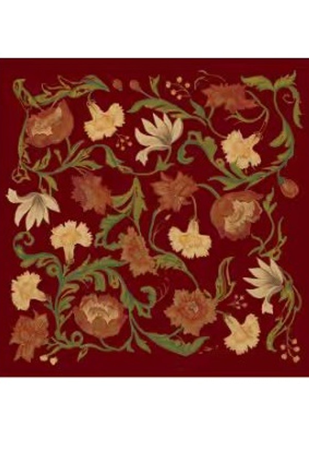 Närbild av scarf med klassiskt blommigt tryck i beige, rostbrunt och grönt på djuprött underlag | BEST ANGEL | Lilla Hem
