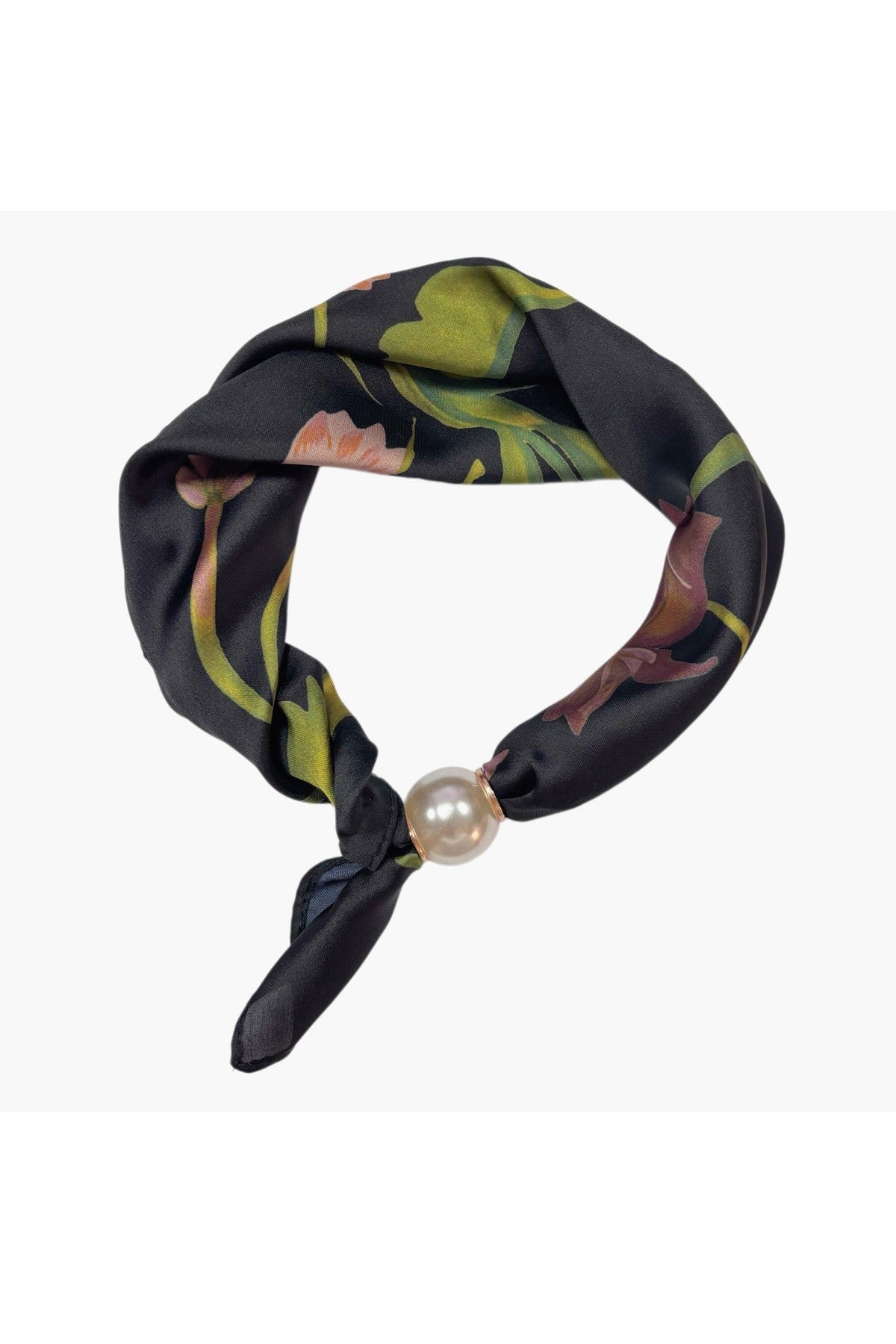 Scarf i svart med blommigt tryck i grönt och rosa, sammanknuten med pärldetalj | BEST ANGEL | Lilla Hem