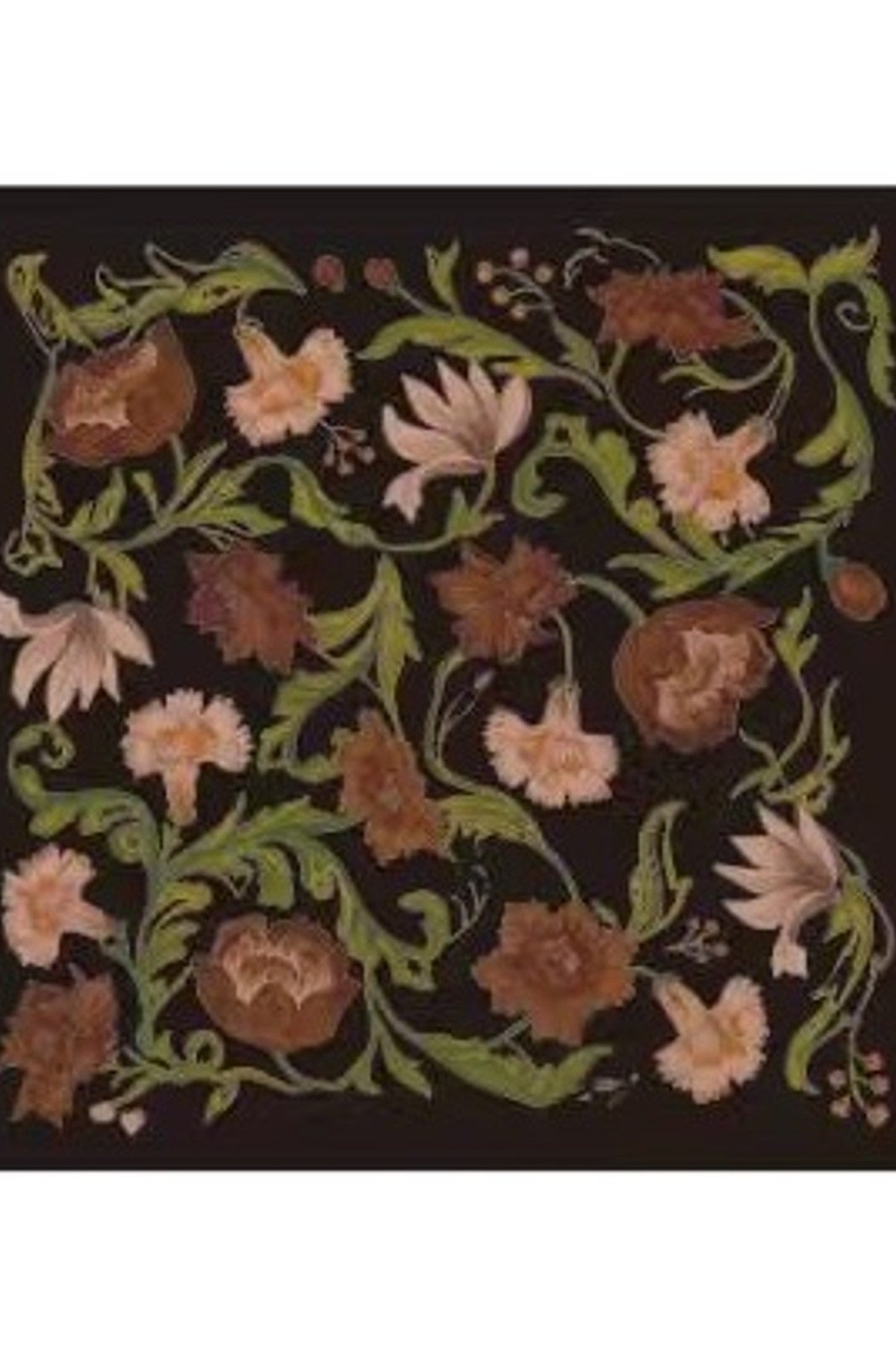 Närbild av scarf med botaniskt tryck: vita och rosa blommor med gröna rankor på svart botten | BEST ANGEL | Lilla Hem