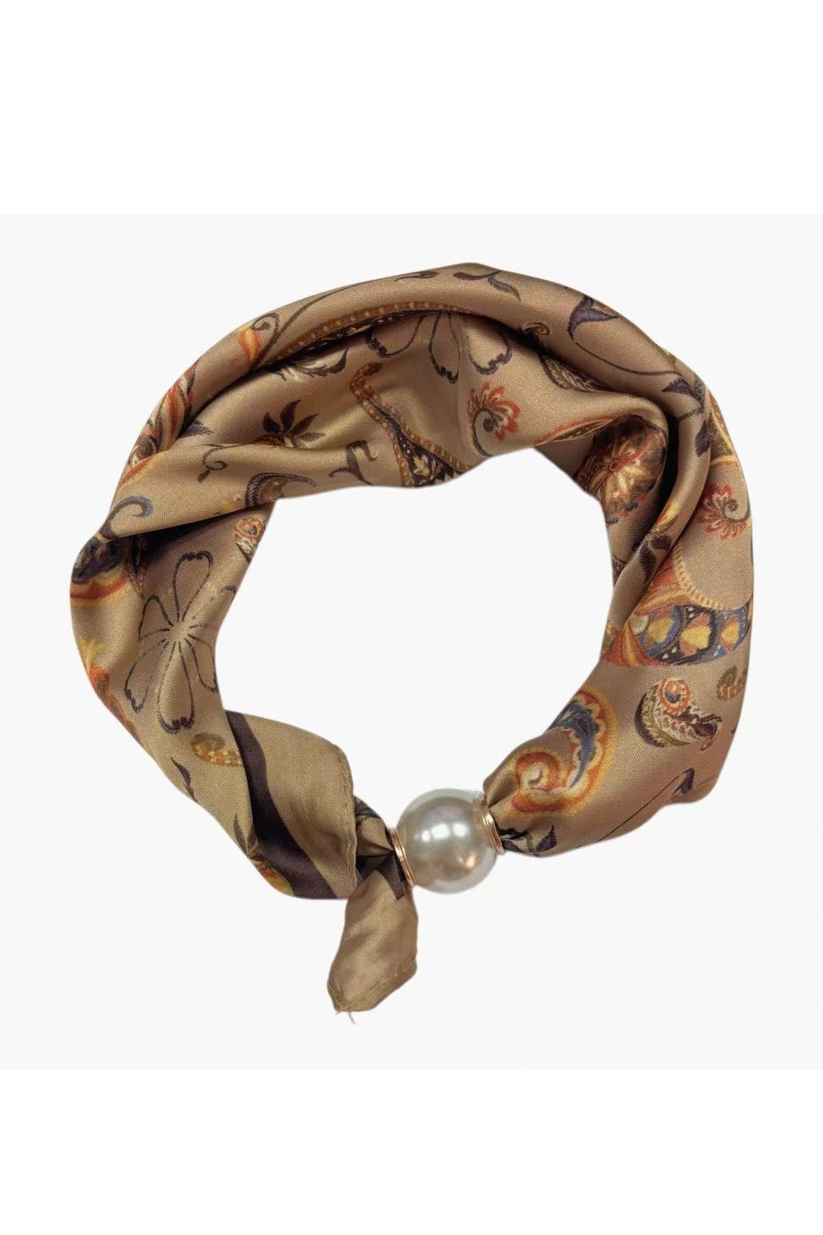 Scarf i beige med orientaliskt mönster i brunt, rött och blått, förslutet med pärlkula | BEST ANGEL | Lilla Hem