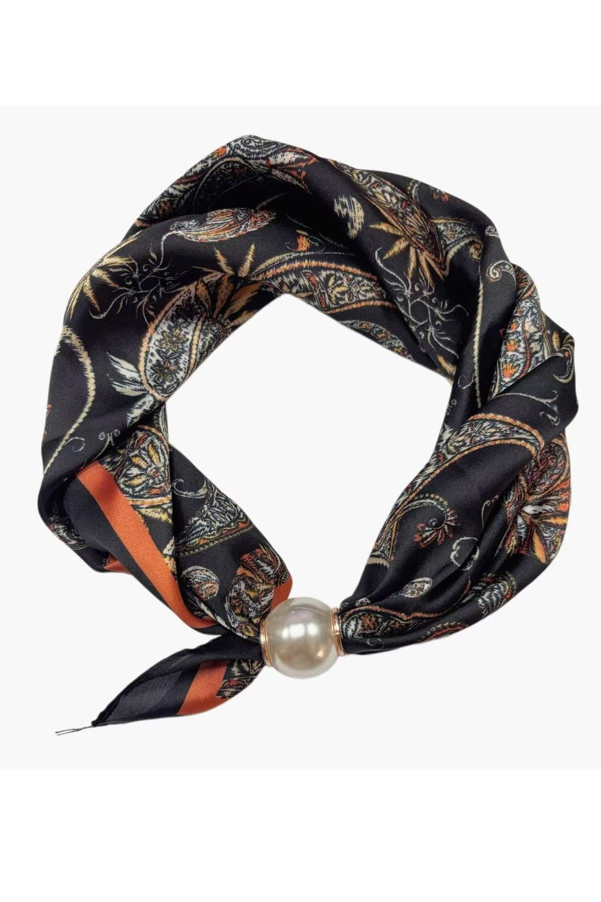 Scarf med paisley- och blomstermönster i svart, guld och orange, sammanknuten med pärlkula | BEST ANGEL | Lilla Hem