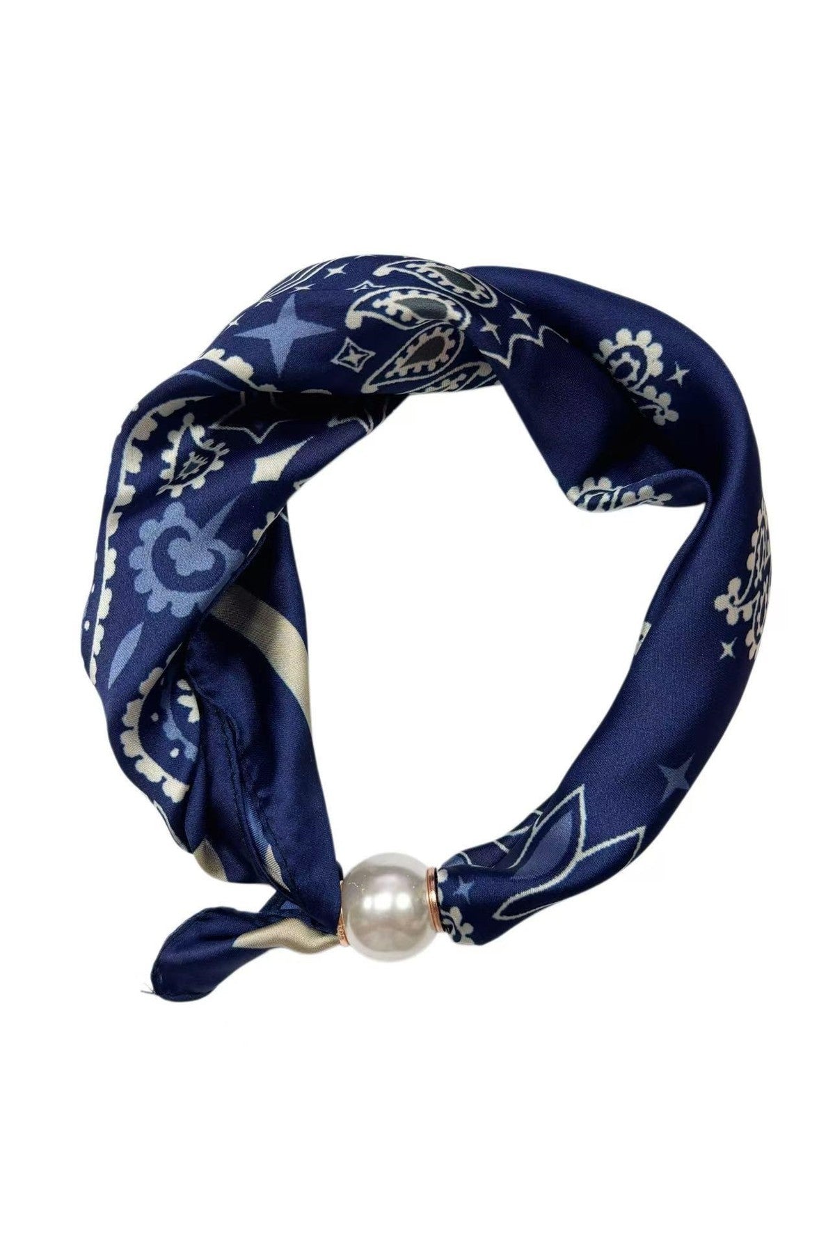 Marinblå scarf med paisley- och stjärnmönster, avslutad med pärldetalj | BEST ANGEL | Lilla Hem