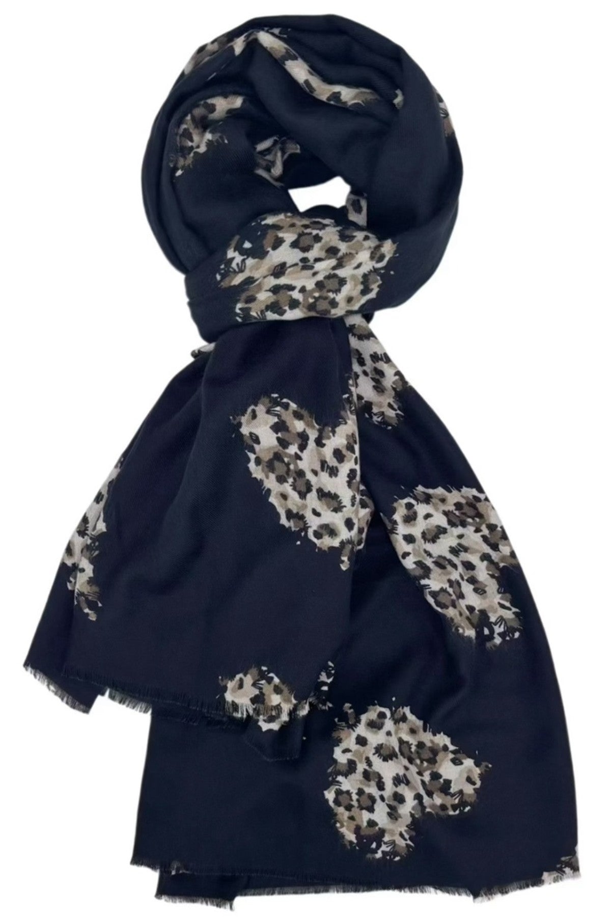 Marinblå scarf med leopardmönster i beige och svart, vikt och presenterad mot vit bakgrund | BEST ANGEL | Lilla Hem
