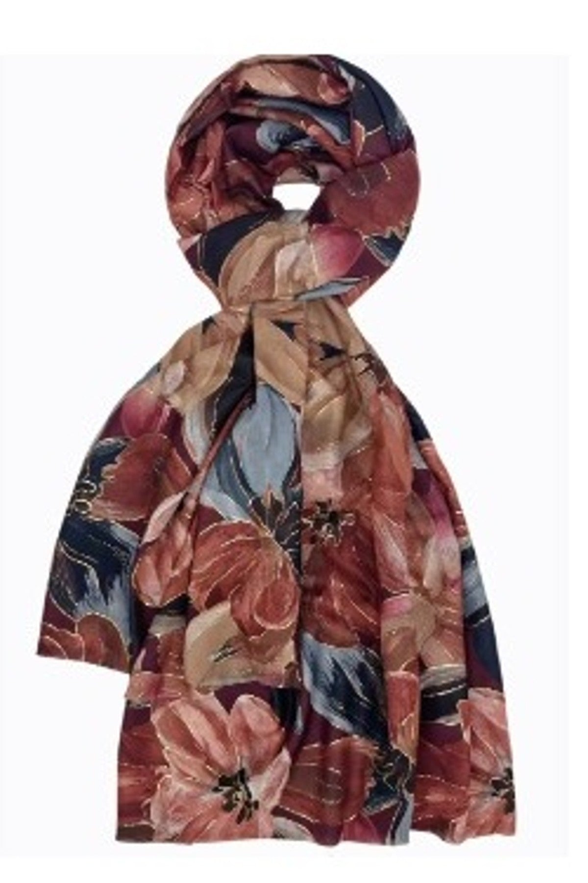 Scarf med stort blommigt tryck i bordeaux, blått och beige, vikt och arrangerad mot vit bakgrund | BEST ANGEL | Lilla Hem