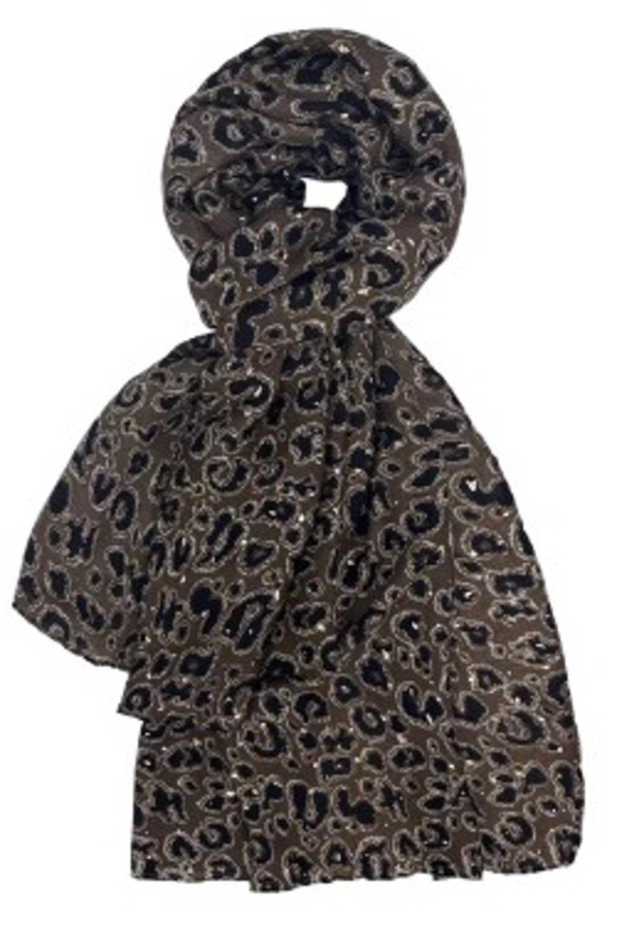 Scarf i grå och svart leopardmönster visad uppvikt mot vit bakgrund | BEST ANGEL | Lilla Hem