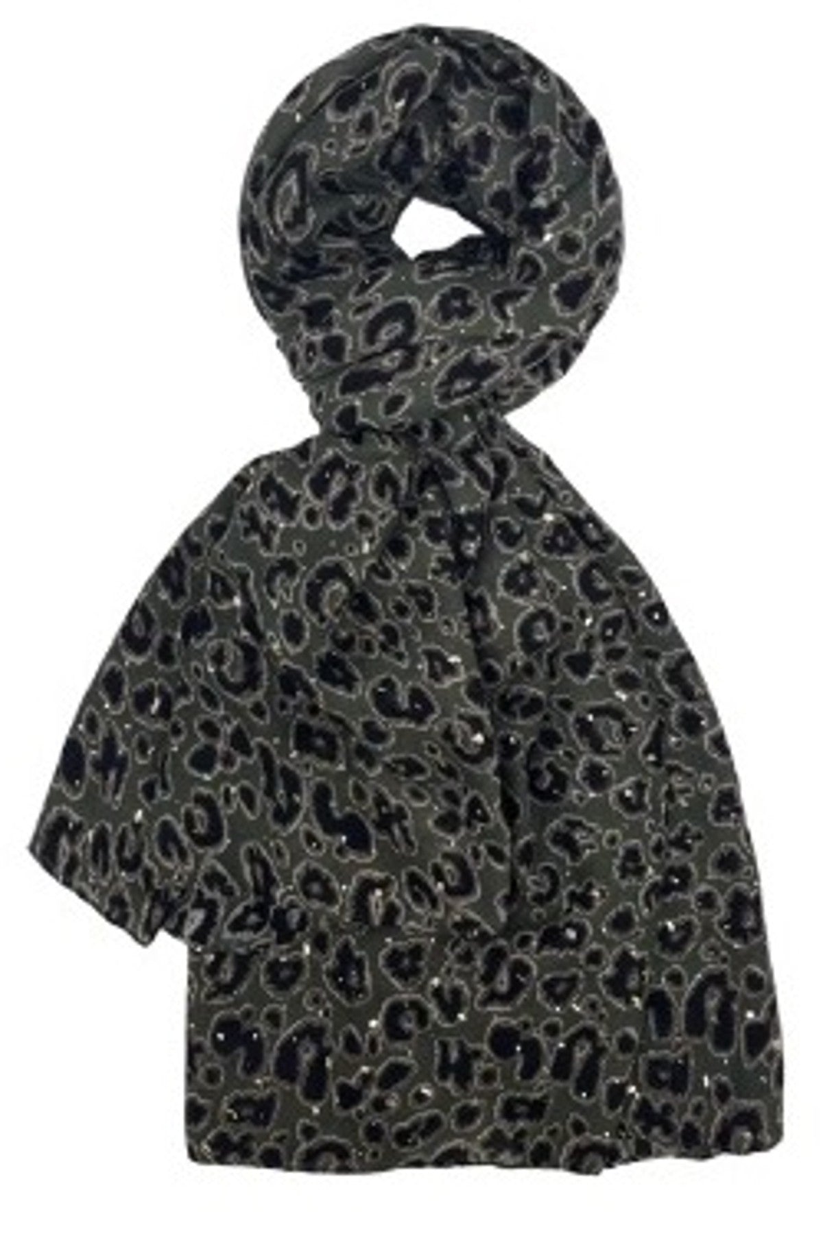 Grå scarf med leopardmönster vikas upp och presenteras mot vit bakgrund | BEST ANGEL | Lilla Hem