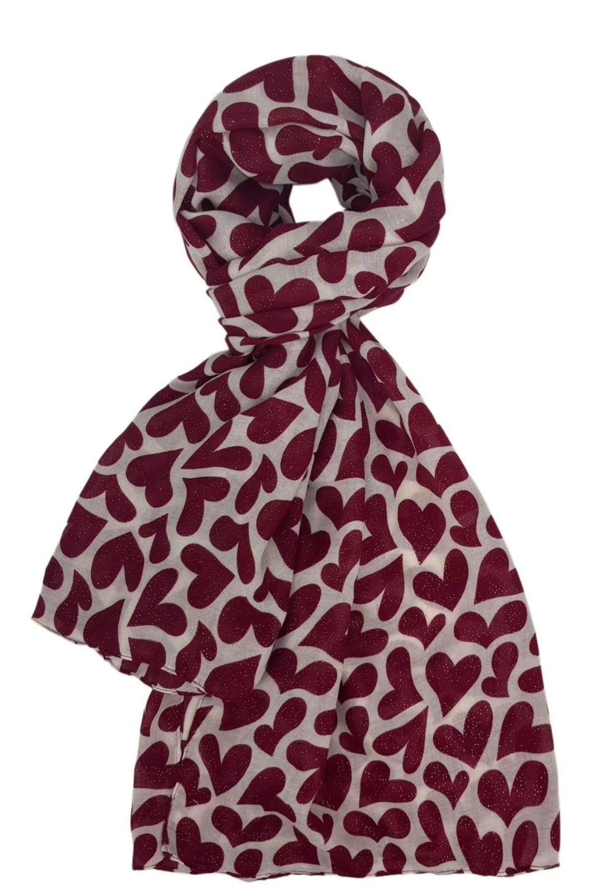 Scarf i vinröd och beige med hjärtmönster, vikat och presenterat mot vit bakgrund | BEST ANGEL | Lilla Hem